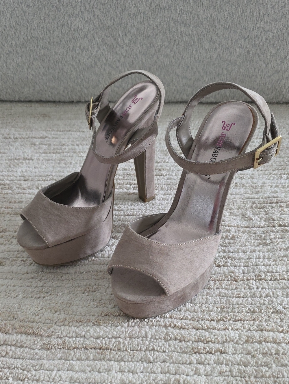 JustFab Grey Taupe Suede Platform Peep-Toe Heels with Ankle Strap